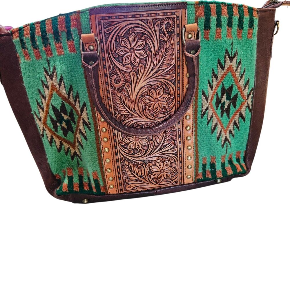 American Darling Tote Bag Hand Tooled Leather Saddle Blanket Large Green Purse